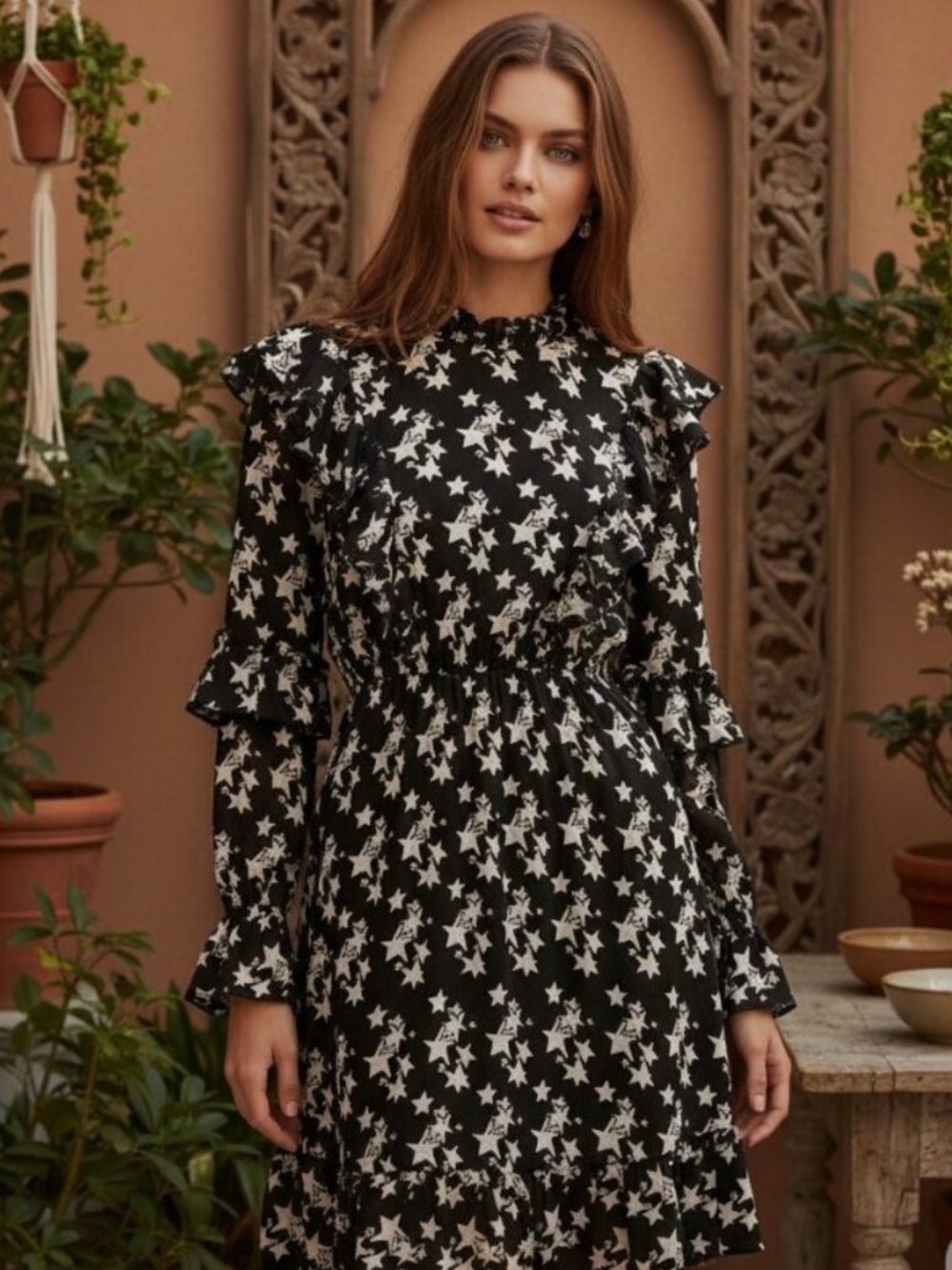Anine Bing Black Star-Print Ruffle-Trim Long-Sleeve Dress